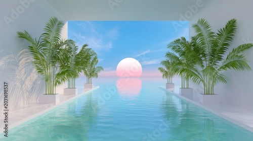 Minimal Tropical Infinity Pool With Palm Trees And Pastel Sunrise