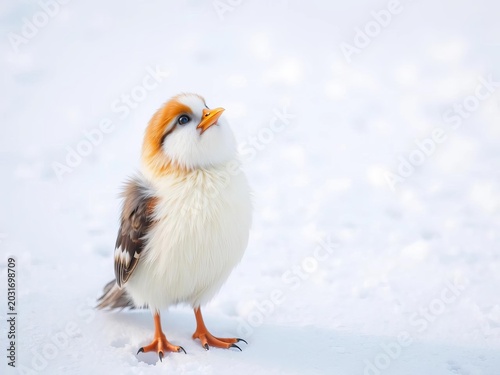 Fuzzy feathered friend stands tall on snowy white background, gazing up with curious eyes, adorable, bird