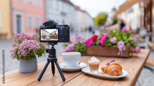 Travel Vlogging Camera On Balcony With Coffee And Croissant