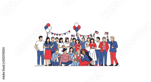 Diverse group of happy people celebrating with American flags and balloons.