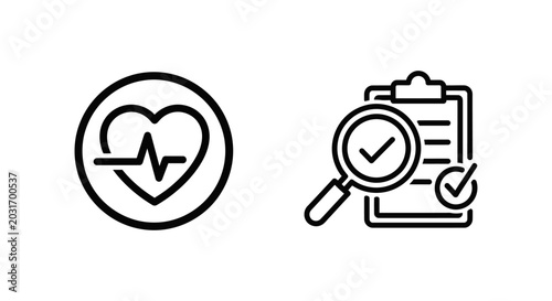 Condition monitoring and health check medical icons with heartbeat pulse and clinical report monitoring condition heartbeat diagnosis examination clipboard magnifying verification