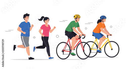 Schilderij op canvas Group of diverse people jogging and cycling together for outdoor fitness