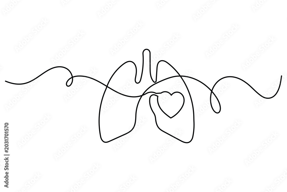Obraz premium Continuous one line drawing of human lungs with heart vector illustration