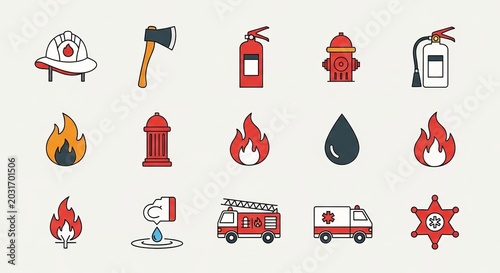 Colorful collection of firefighting and emergency service icons in flat design style