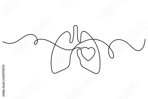 Continuous one line drawing of human lungs with heart vector illustration
