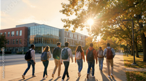 A diverse group of cheerful students with backpacks walks together across a sunny university campus during autumn, capturing the joy and friendship of a back to school morning.
