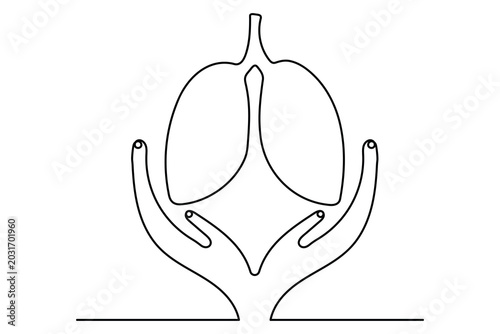 Continuous line art of human lungs supported by two hands concept