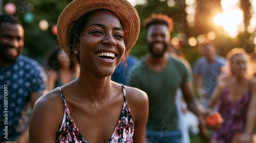 Diverse friends playing cornhole at a Fourth of July cookout in a sunny backyard, laughing and enjoying summer leisure