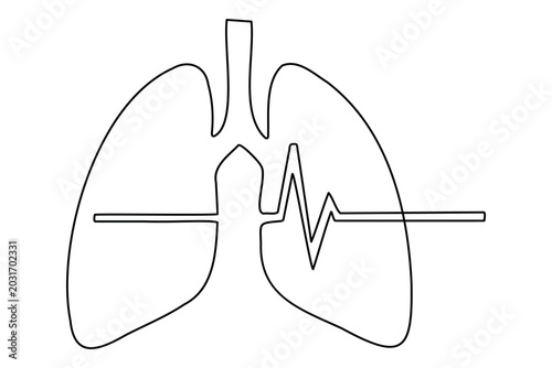 One line art drawing of human lungs with heartbeat pulse for medical concept
