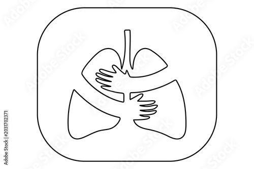 One line art drawing of human lungs with hugging hands for healthcare concept
