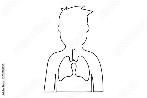 One line art drawing of human lungs inside man body for medical concept