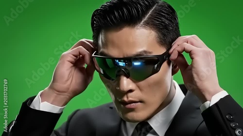 Businessman Wearing Futuristic Sunglasses Closeup.
