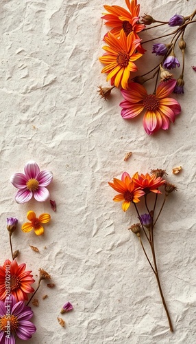 Rough recycled paper texture with dried flowers, earthy, arrangement