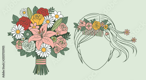 Canvas Print Floral bouquet and hair adornment illustration.