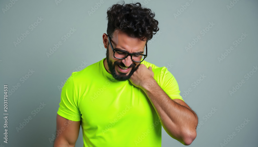 Fototapeta premium Man in neon shirt feels shoulder pain. He grimaces in discomfort from muscle ache after sport. Athlete needs recovery or therapy for injury.