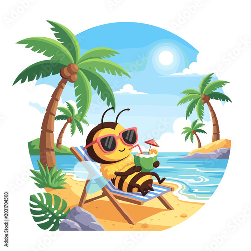 Cute Bee Relaxing on Tropical Beach with Coconut Drink Vector Illustration