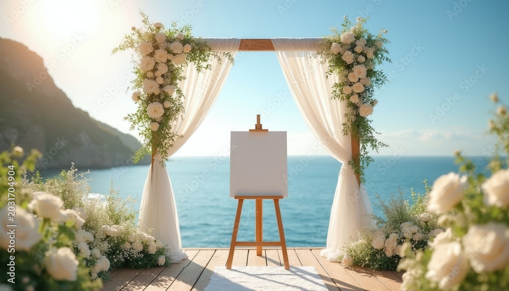 Fototapeta premium Wedding altar setup with white flowers and flowing drapes on wooden deck overlooking ocean. Blank canvas on easel awaits personalized message for seaside ceremony celebration.