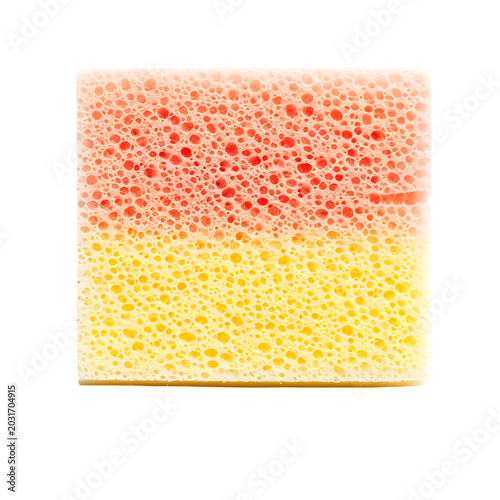 Rectangular yellow and red foam sponge with porous texture for cleaning