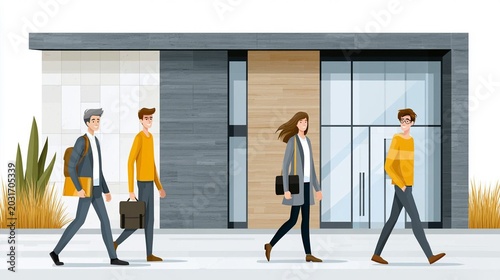 modern school entrance with cheerful students arriving for first day of class in sunny morning light