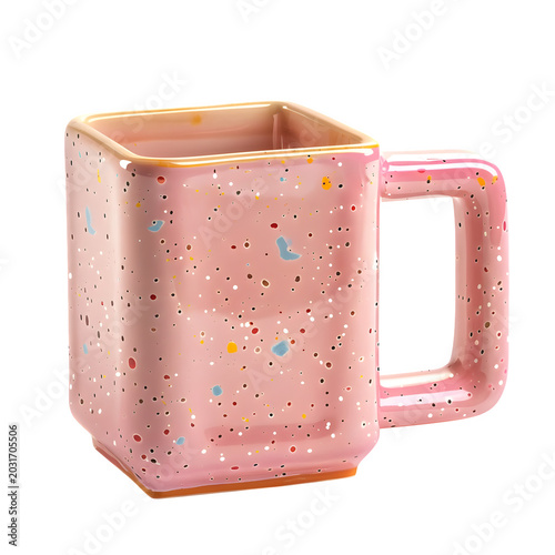 Square pink ceramic coffee mug with colorful confetti pattern