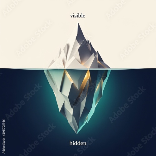 Minimal iceberg infographic illustrating visible and hidden factors with elegant layered design and modern business communication aesthetic
