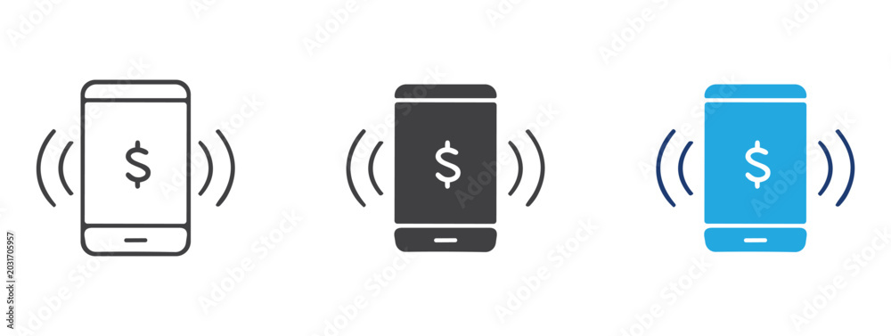 Fototapeta premium Mobile Payment Dollar Icon Set. Outline Solid and Blue Phone Money Vector Symbols