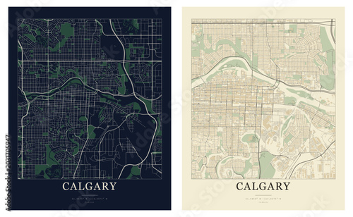 Calgary Canada city map poster design template, abstract minimalist street road network cartography layout vector illustration set with navy blue and vintage beige theme