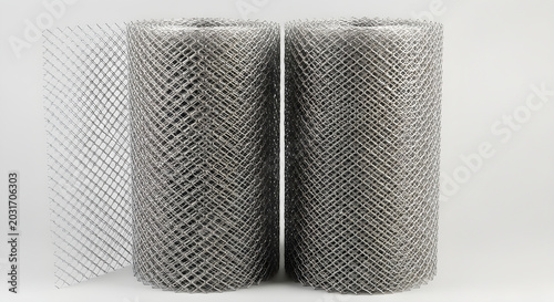 Three rolls of metallic mesh are placed side by side on a white surface