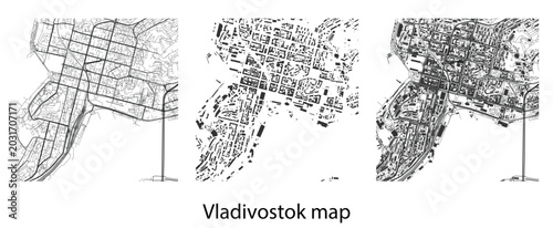 Schilderij op canvas Vladivostok city map set with streets and building footprints vector illustratio
