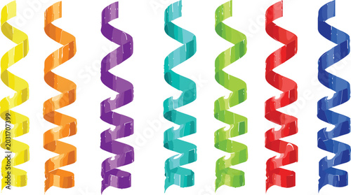 Fotografia Colorful party streamer vector set with shiny curly hanging ribbons for birthday