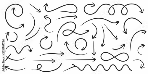 Foto hand drawn ink arrows in various shapes and curves on a white background