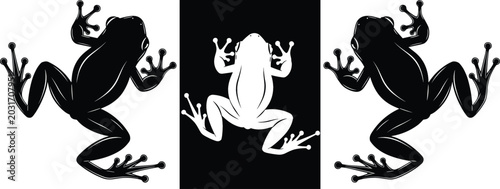Obraz na plátně Tree frog silhouette vector set with solid black and white negative space cutout