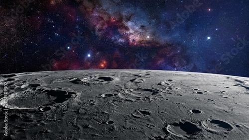 Craters on Moon Surface with Stunning Milky Way Galaxy and Starry Space Background
