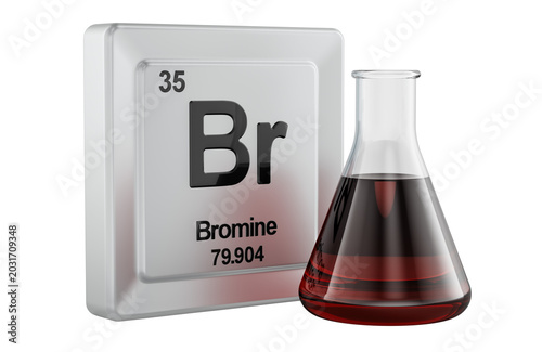 Bromine element tile with flask of liquid bromine sample. 3d rendering