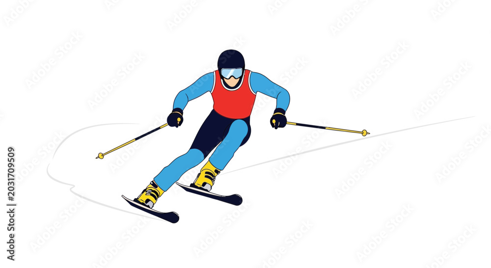 Obraz premium Alpine skier racing downhill on a snowy slope, dynamic pose, sports illustration