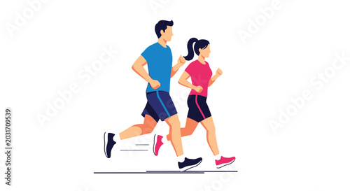 Tableau sur toile Couple jogging together on white background, healthy lifestyle, fitness, exercis