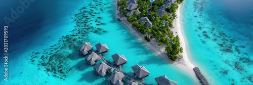 Aerial View Of Tropical Island Resort With Overwater Villas