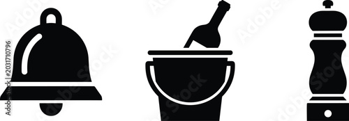 Tableau sur toile Kitchen utensil icons set with cloche mortar and pestle isolated on white backgr