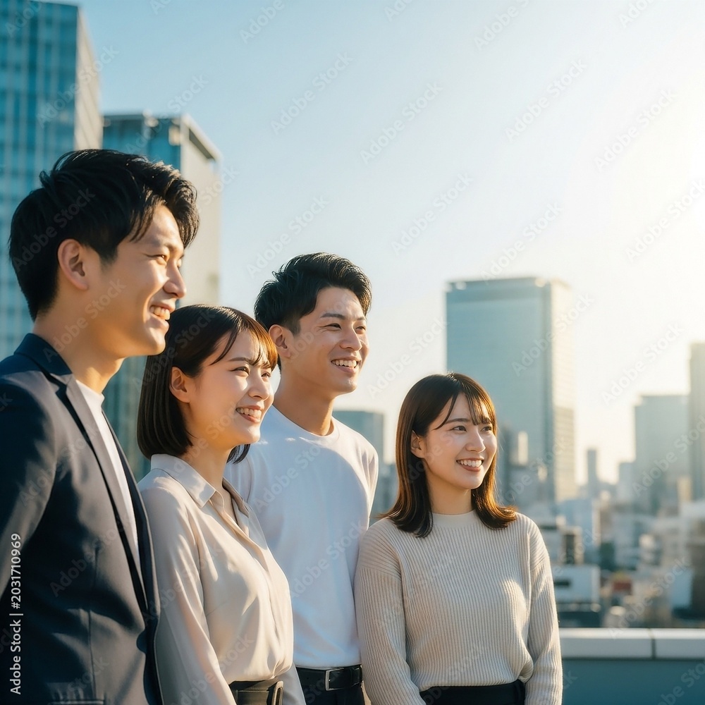 Fototapeta premium 昼間のビルの屋上で空を見上げる若い男女の会社員