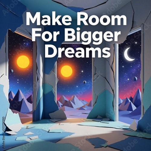 Collage infographic artwork with ambitious dream expansion concept and surreal architectural landscape