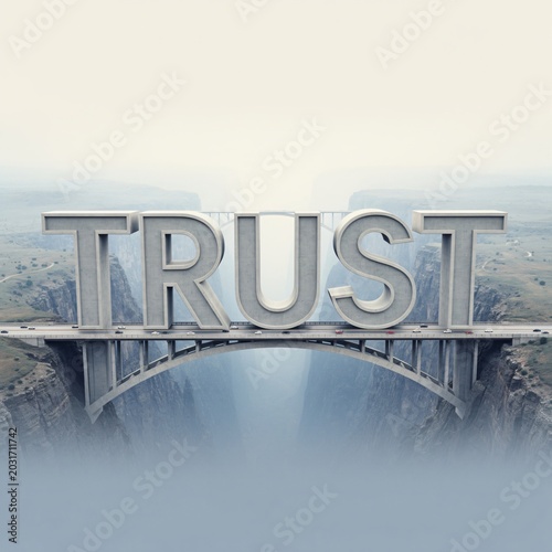Large trust typography infographic artwork with bridge structures symbolizing connection and reliability
