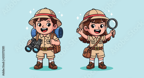 Fotografía Cute Boy and Girl Safari Explorer Characters with Binoculars and Magnifying Glass Vector illustration