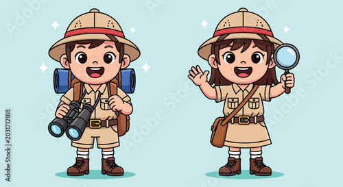 Fotografi Cute boy and girl safari explorer characters with binoculars and magnifying glass illustration