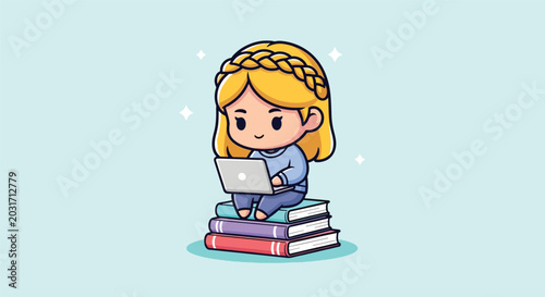 Cute cartoon girl studying with a laptop on a stack of books.