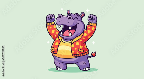 Slika na platnu Cute Cartoon Hippopotamus Wearing A Jacket Celebrating With Joy.