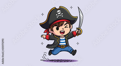 Foto Cute cartoon pirate boy running with sword.