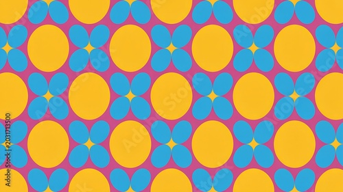 Vibrant geometric pattern with repeating yellow ovals and blue four-petal flower shapes
