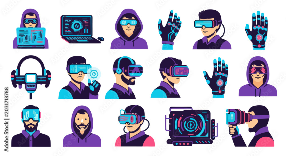 Fototapeta premium Flat Style VR Technology Icons - People, Gadgets, and Accessories