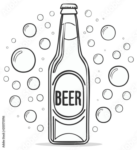 Outlined beer bottle with bubbles in a monochrome illustration