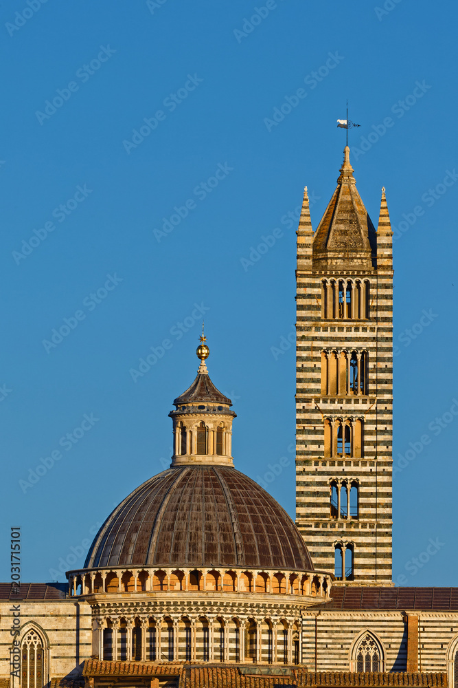 Naklejka premium Siena Cathedral Duomo and campanile, at sunset, a masterpiece of Italian Romanesque–Gothic architecture